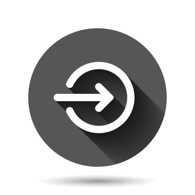 Düz biçimli giriş simgesi. Uzun gölge efektli siyah yuvarlak arka planda ok erişimi vektör illüstrasyonu. Kapı girişi çemberi iş konsepti.