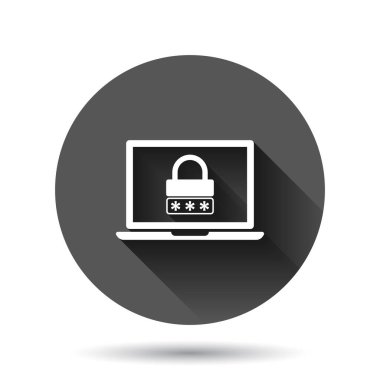 Düz stil parola simgesine sahip dizüstü bilgisayar. Siyah yuvarlak arka planda uzun gölge efektli bilgisayar erişim vektör illüstrasyonu. Asma kilit giriş çemberi iş konsepti.