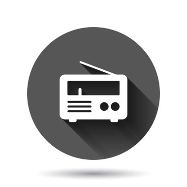 Radyo ikonu düz stil. Uzun gölge efektli siyah yuvarlak arkaplan üzerine Fm yayın vektör illüstrasyonu. Radyoaktif daire iş konsepti.