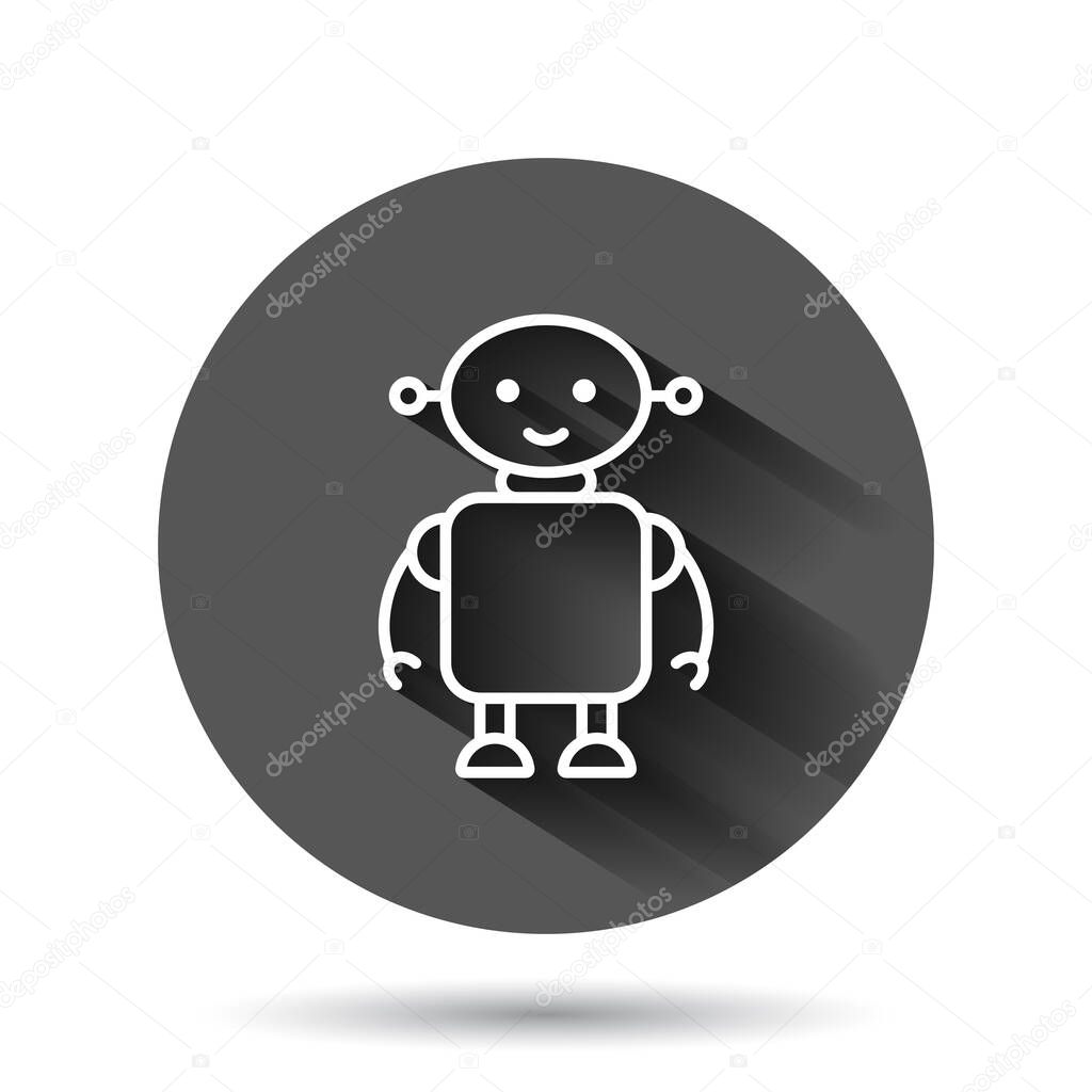 Cute robot chatbot icon in flat style. Bot operator vector illustration on black round background with long shadow effect. Smart chatbot character circle button business concept.
