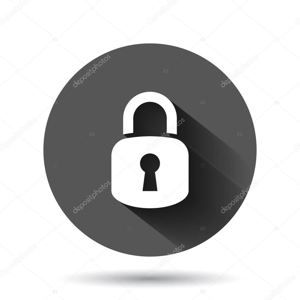Padlock icon in flat style. Lock vector illustration on black round background with long shadow effect. Private circle button business concept.