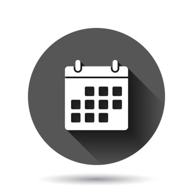 Düz stil takvim simgesi. Siyah yuvarlak arka planda uzun gölge efektli gündem vektör illüstrasyonu. Planlama çemberi iş konsepti.