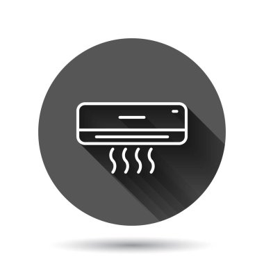 Koşullandırıcı simgesi düz stil. Siyah yuvarlak arka planda uzun gölge efektli soğutucu vektör çizimi. Soğuk iklim dairesi iş konsepti.