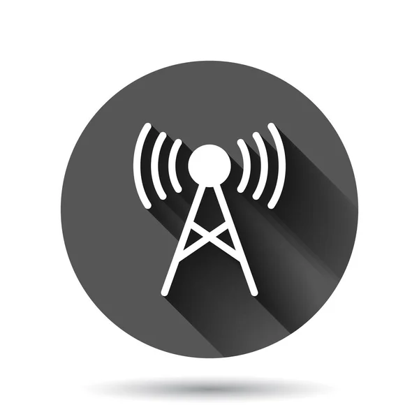 フラットスタイルのアンテナタワーアイコン 影効果の長い黒丸の背景にベクトルイラストを放送 Wifiサークルボタンビジネスコンセプト — ストックベクタ