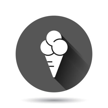 Düz stil dondurma ikonu. Sundae vektör illüstrasyonu siyah yuvarlak arka plan üzerinde uzun gölge etkisi ile. Şerbetli tatlı çemberi iş konsepti.