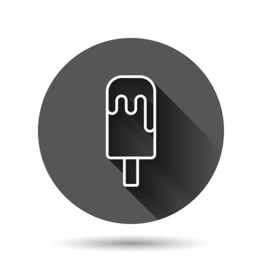 Düz stil dondurma ikonu. Sundae vektör illüstrasyonu siyah yuvarlak arka plan üzerinde uzun gölge etkisi ile. Şerbetli tatlı çemberi iş konsepti.