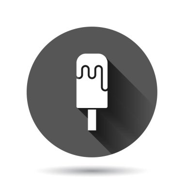 Düz stil dondurma ikonu. Sundae vektör illüstrasyonu siyah yuvarlak arka plan üzerinde uzun gölge etkisi ile. Şerbetli tatlı çemberi iş konsepti.