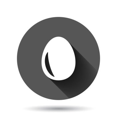 Düz yumurta ikonu. Siyah yuvarlak arka planda uzun gölge efektli kahvaltı vektör illüstrasyonu. Yumurta kabuğu dairesi iş konsepti.