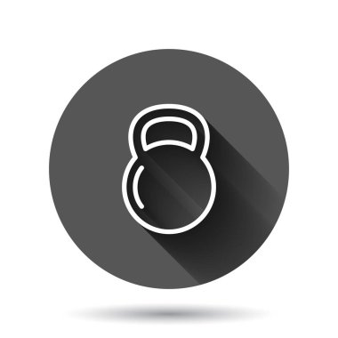 Kettlebell ikonu düz stil. Halter spor ekipmanları uzun gölge efektli siyah yuvarlak arka planda vektör illüstrasyonu. Aptal daire düğmesi iş konsepti.