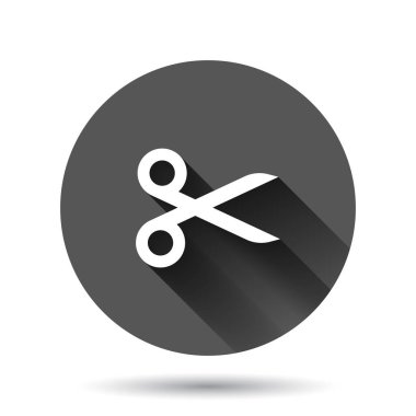 Düz bir makas simgesi. Siyah yuvarlak arka planda uzun gölge efektli ekipman vektör illüstrasyonunu kes. Kesme çemberi iş konsepti.