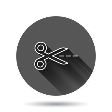 Düz bir makas simgesi. Siyah yuvarlak arka planda uzun gölge efektli ekipman vektör illüstrasyonunu kes. Kesme çemberi iş konsepti.