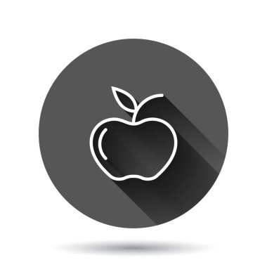 Elma simgesi düz stil. Siyah yuvarlak arka planda uzun gölge efektli taze meyve vektör çizimi. Sulu gıda çemberi iş konsepti.