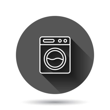 Çamaşır makinesi simgesi düz stil. Siyah yuvarlak arka planda uzun gölge efektli çamaşır makinesi çizimi. Çamaşır çemberi düğmesi iş konsepti.