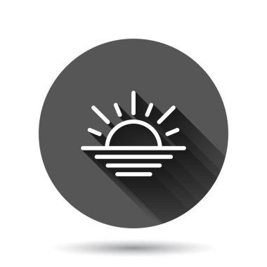 Düz bir güneş simgesi. Siyah yuvarlak arka planda uzun gölge efektli güneş ışığı vektör çizimi. Gün ışığı daire iş konsepti.