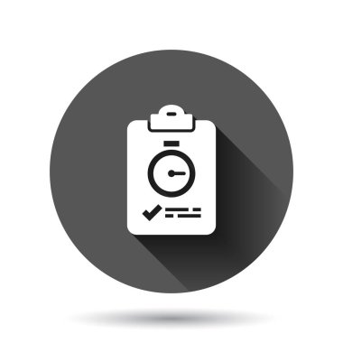 Düz biçimli belge kontrol listesi simgesi. Siyah yuvarlak arka plandaki uzun gölge efektli vektör illüstrasyonunu rapor et. Kağıt sayfası daire düğmesi iş konsepti.