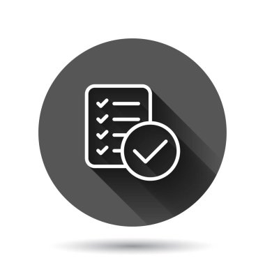 Düz biçimli belge kontrol listesi simgesi. Siyah yuvarlak arka plandaki uzun gölge efektli vektör illüstrasyonunu rapor et. Kağıt sayfası daire düğmesi iş konsepti.