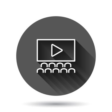 Düz stil bir film ikonu. Siyah yuvarlak arka planda uzun gölge efektli bir film vektörü çizimi. Sinema Tiyatrosu Çember İş Konsepti.