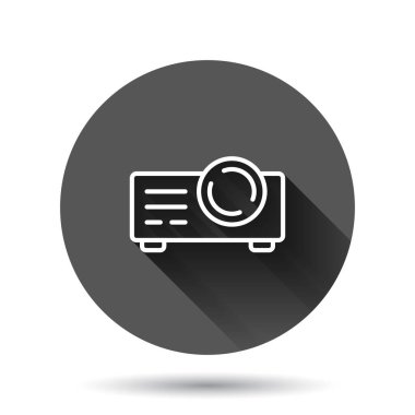 Video projektör işaret simgesi düz stil. Uzun gölge efektli, siyah yuvarlak arkaplan üzerinde sinema sunumu aygıtı vektör illüstrasyonu. Konferans çemberi iş konsepti.