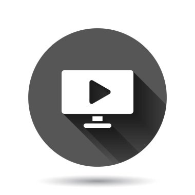Düz ekran simgesi. Siyah yuvarlak arka planda uzun gölge efektli video vektör illüstrasyonu. Bilgisayar monitörü çember iş kavramı.