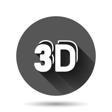Düz stil 3D metin simgesi. Siyah yuvarlak arka planda uzun gölge efektli kelime vektör çizimi. Stereoskopik teknoloji daire düğmesi iş konsepti.