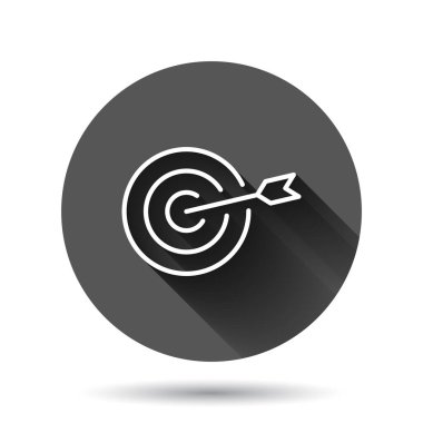 Hedef vektör simgesi düz şekilde. Siyah yuvarlak arka planda uzun gölge efektli dart oyunu illüstrasyonu. Dartboard spor hedef çemberi iş konsepti.