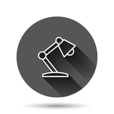 Lamba simgesi düz stil. Siyah yuvarlak arka planda uzun gölge efektli ampul vektör çizimi. Elektrik çemberi iş konsepti.