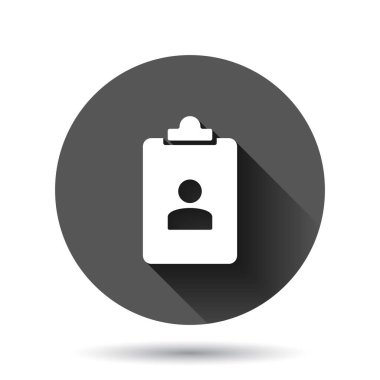 Düz stil kimlik kartı simgesi. Siyah yuvarlak arka planda uzun gölge efektli kimlik etiketi vektör illüstrasyonu. Sürücü belgesi çember iş konsepti.