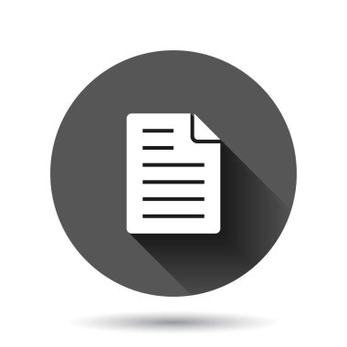 Düz biçimli belge notu simgesi. Siyah yuvarlak arka planda uzun gölge efektli kağıt sayfa vektör illüstrasyonu. Not defteri belge çemberi iş konsepti.