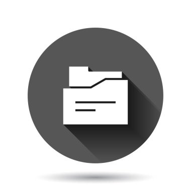 Düz biçimli dosya dizini simgesi. Belgeler uzun gölge efektli siyah yuvarlak arkaplan vektör illüstrasyonunu arşivler. Depolama çemberi iş konsepti.