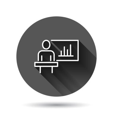 Düz bir şekilde podyum ikonu olan insanlar. Siyah yuvarlak arka plan üzerinde uzun gölge efektli sözcü vektör çizimi. Seyirci hatipliği çemberi iş konsepti.