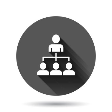 Şirket organizasyon şeması ve iş adamları düz bir şekilde ikonu temsil ediyor. İnsanlar uzun gölge etkisi ile siyah yuvarlak arka planda işbirliği yapıyorlar. Takım çalışması çemberi iş konsepti.