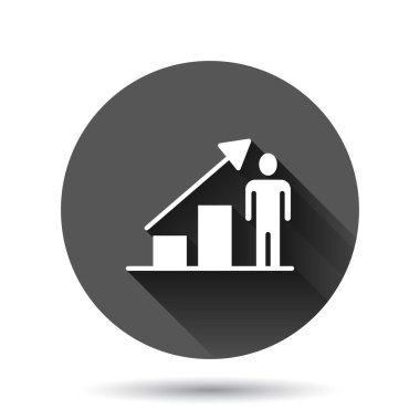 Düz bir şekilde büyüyen ok ikonu olan insanlar. Uzun gölge efektli siyah yuvarlak arka plan üzerinde çalışma stratejisi çizimi. Ofis eğitimi çemberi iş konsepti.