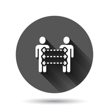 İnsanlar düz bir şekilde ikona başvururlar. Siyah yuvarlak arka planda uzun gölge efektli iş iletişimi vektör illüstrasyonu. Referans takım çalışması düğmesi iş konsepti.