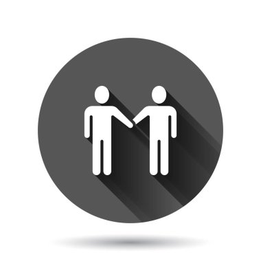 Selamlama simgesi düz stil. İnsanlar uzun gölge efektli siyah yuvarlak arka planda el sıkışma vektör illüstrasyonu. El sıkışma çemberi iş konsepti.