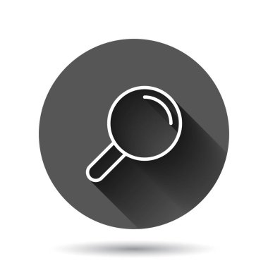 Loupe işaret simgesi düz stil. Siyah yuvarlak arka planda uzun gölge efektli büyüteç vektör çizimi. Arama çemberi iş konsepti.