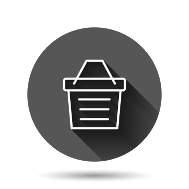 Sepet simgesine düz stil ekle. Siyah yuvarlak arka planda uzun gölge efektli alışveriş vektörü çizimi. Sepet dairesi iş konsepti.