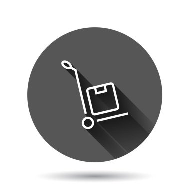 Yük arabası simgesi düz stil. Uzun gölge efektli, siyah yuvarlak arka planda teslimat kutusu çizimi. Kutu sevkiyat dairesi iş konsepti.