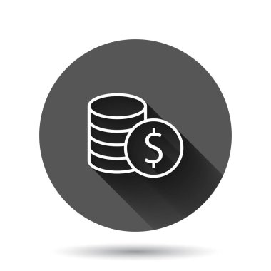 Bozuk para yığın simgesi düz stil. Siyah yuvarlak arka planda uzun gölge efektli dolar para vektör illüstrasyonu. Para yığılmış daire düğmesi iş konsepti.