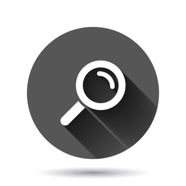 Loupe işaret simgesi düz stil. Siyah yuvarlak arka planda uzun gölge efektli büyüteç vektör çizimi. Arama çemberi iş konsepti.