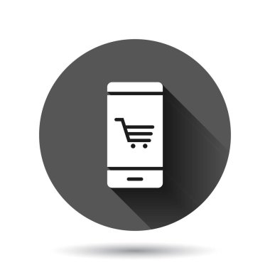 Çevrimiçi alışveriş ikonu. Siyah yuvarlak arka planda uzun gölge efektli akıllı telefon mağaza vektör çizimi. Pazar çemberi iş konsepti.