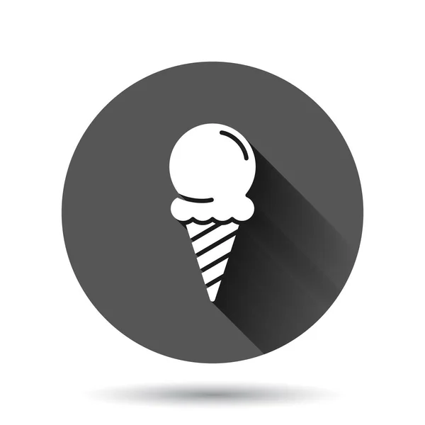 フラットスタイルのアイスクリームアイコン 黒丸の背景に長い影効果を持つサンデーベクトルイラスト シャーベットデザートサークルボタンビジネスコンセプト — ストックベクタ
