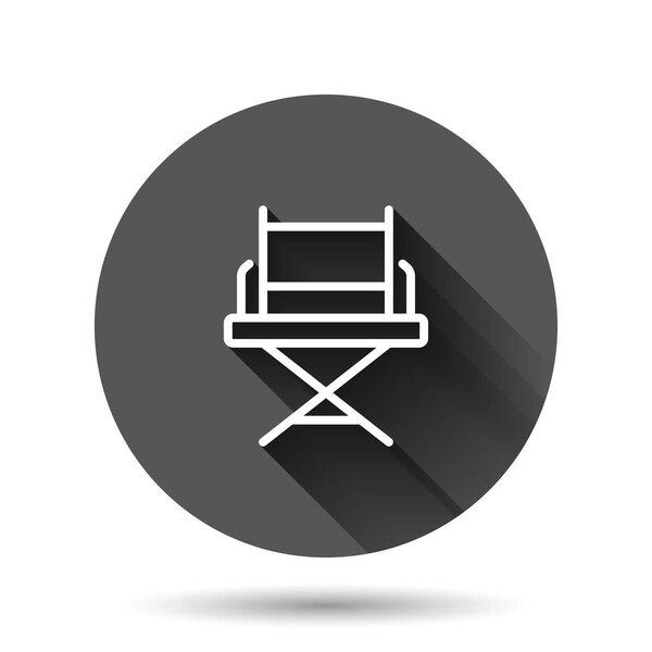 Director chair icon in flat style. Producer seat vector illustration on black round background with long shadow effect. Movie circle button business concept.
