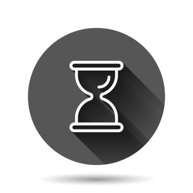 Düz bir kum saati simgesi. Siyah yuvarlak arka planda uzun gölge efektli kum camı çizimi. Saat Çemberi iş konsepti.