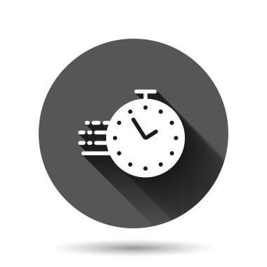 Düz bir saat simgesi. Siyah yuvarlak arka planda uzun gölge efektli vektör illüstrasyonunu izleyin. Zamanlayıcı dairesi iş konsepti.
