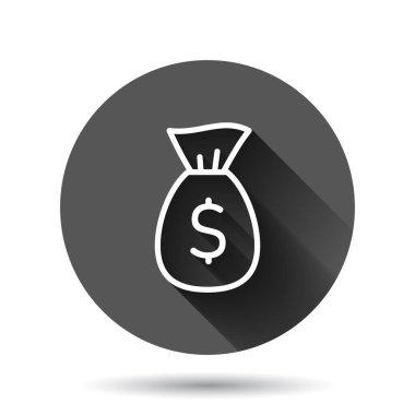 Para çantası ikonu düz stil. Dolar vektör illüstrasyonlu para çantası uzun gölge efektli siyah yuvarlak arka plan. Para çuvalı çember iş konsepti.