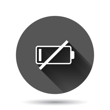 Batarya şarj ikonu düz stil. Siyah yuvarlak arka planda uzun gölge efektli güç seviyesi çizimi. Lityum biriktirici daire düğmesi iş konsepti.