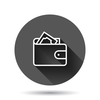 Cüzdan simgesi düz stil. Uzun gölge efektli siyah yuvarlak arka planda çanta vektör çizimi. Mali çanta çemberi iş konsepti.