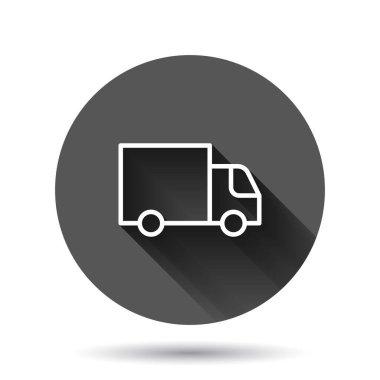 Teslimat kamyonu ikonu düz stil. Siyah yuvarlak arka planda uzun gölge efektli Van vektör çizimi. Kargo arabası daire düğmesi iş konsepti.