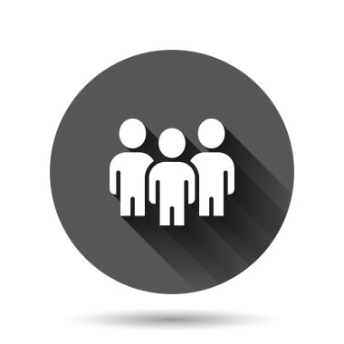 Düz bir şekilde iletişim ikonu. İnsanlar siyah yuvarlak arka planda uzun gölge efektli illüstrasyonlar çiziyorlar. Ortaklık çemberi iş konsepti.