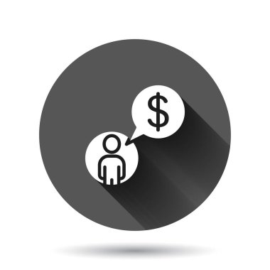 Para ikonu olan insanlar. Siyah yuvarlak arka planda uzun gölge efektli yatırımcı vektör çizimi. İş adamı daire düğmesi iş konsepti.